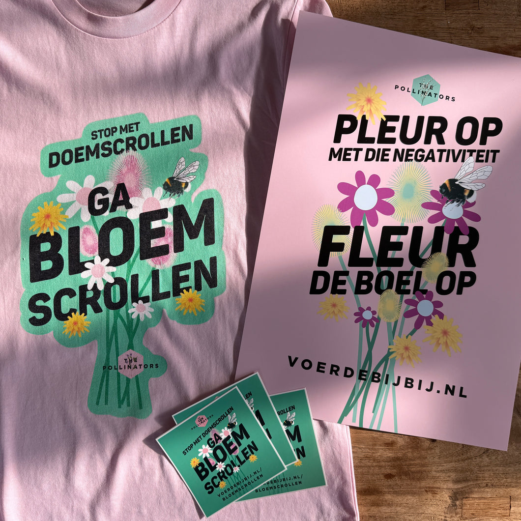 Ga Bloemscrollen! pakket met shirt / stickers / poster